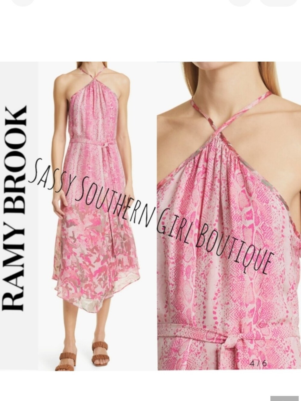 🆕⭐RAMY BROOK Real Silk pink snake print camo halter dress